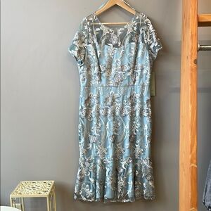 R&M Richards Embroidered Slate Floral Flounce Sleeve Midi Dress, 18